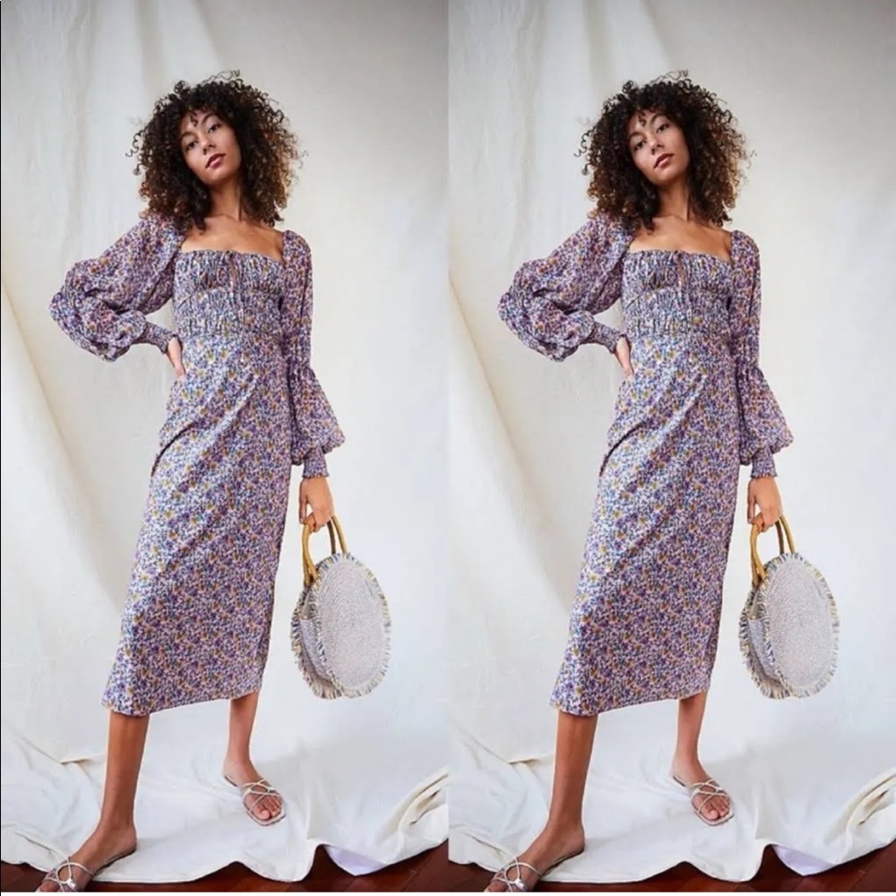 Free People Aglow Smocked Long Sleeve Midi Dress